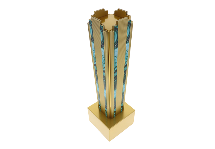 Luxury gold tower with a tiered top and teal patterned side panels separated by textured gold